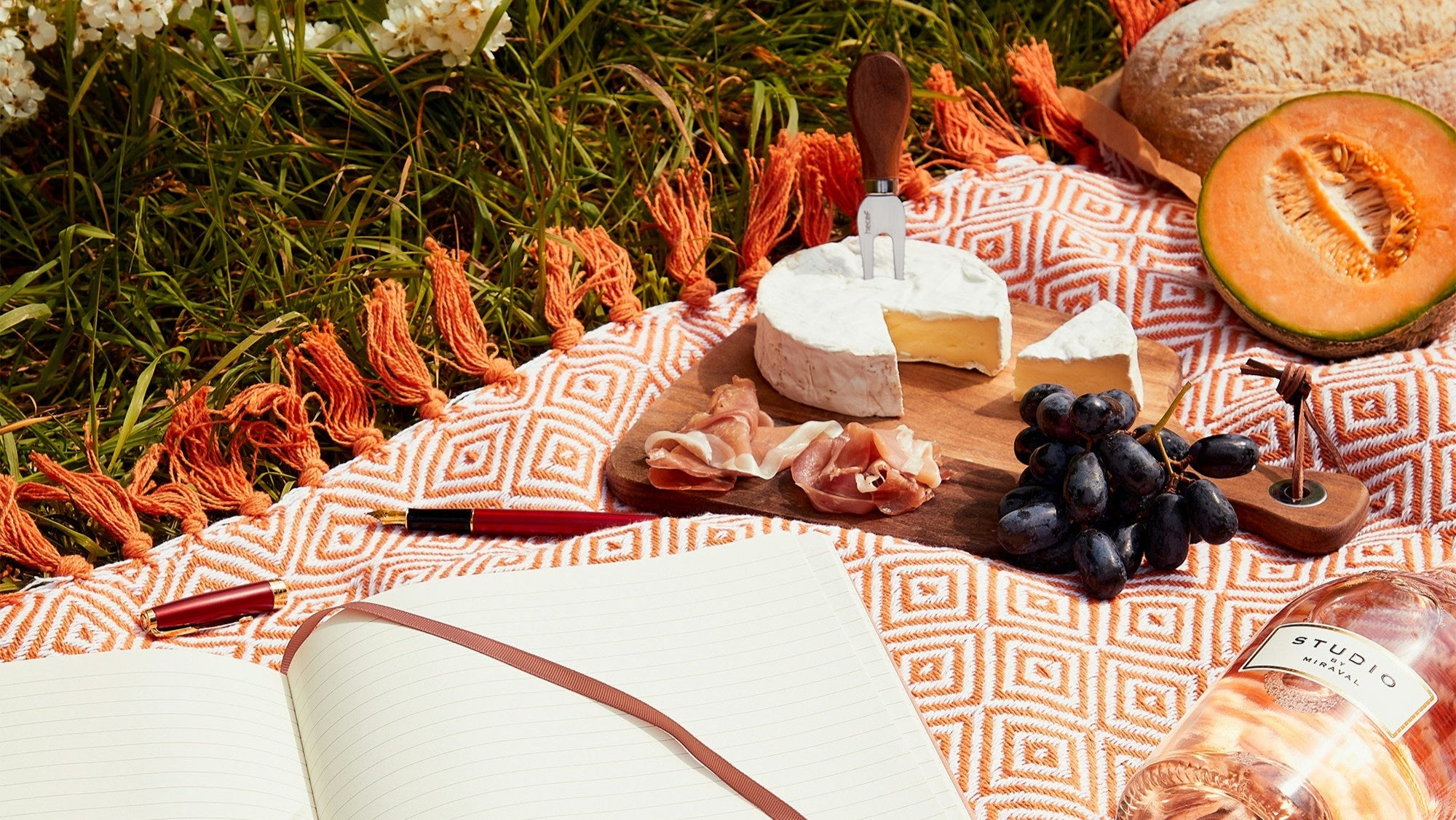 Picnic setup with open book, fruits, and cheese on a patterned blanket outdoors.